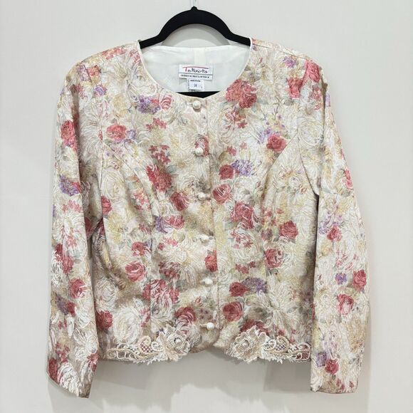 Vintage Talbots Jessica McClintock Floral Lace Jacket 14 Pearl Jacquard Lace 80s - Picture 1 of 13